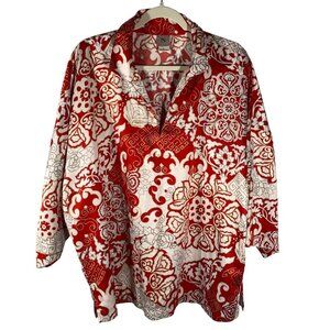 Natori Womens Red & White Floral Blouse XL Polyester lightweight boho long line